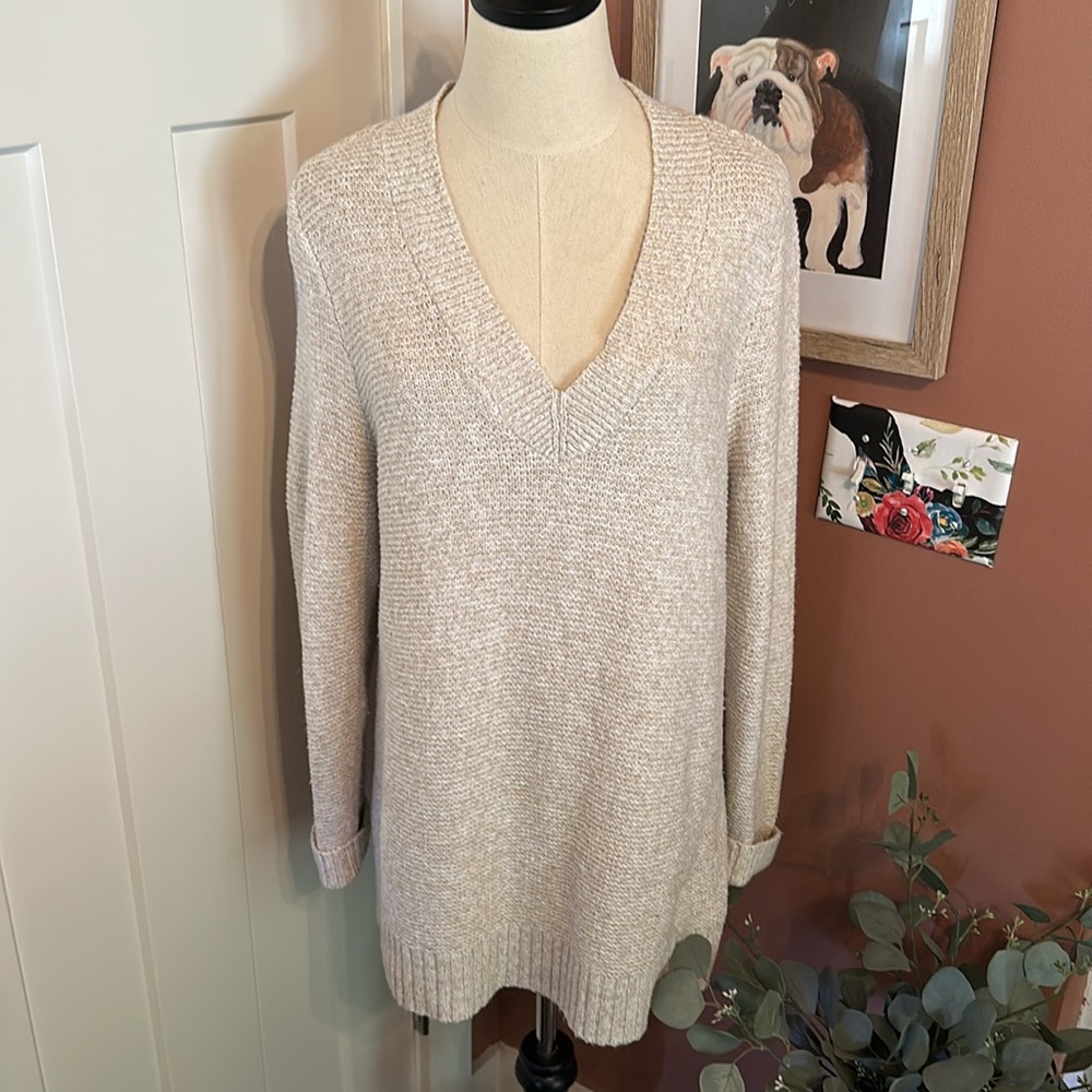 J. Jill V-neck long sleeve oatmeal heather cotton blend ribbed trim M sweater - Picture 13 of 13